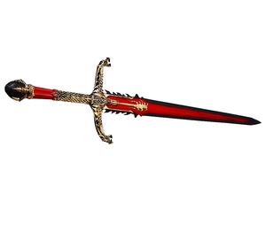 Detailed view of PU fantasy sword with red-black blade and golden dragon hilt