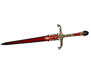 Macro detail of dark elf sword toy with golden dragon guard and red rope-wrapped handle
