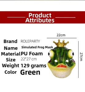 Detail specifications of green PU foam frog mask with crown 22x27cm size 129g weight