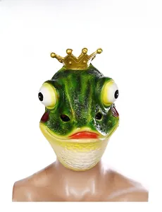 Front view of funny green frog prince latex mask with golden crown for cosplay parties