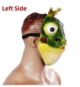 Side view of funny green frog mask with a gold crown and elastic strap for party cosplay