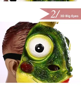 Detailed close-up of 3D large eyes and texture on a green latex funny frog mask