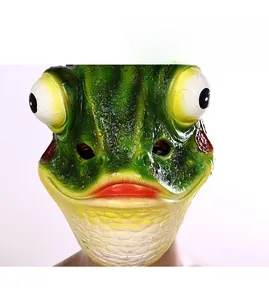 Close-up of realistic green frog latex mask showing detailed skin texture and large eyes