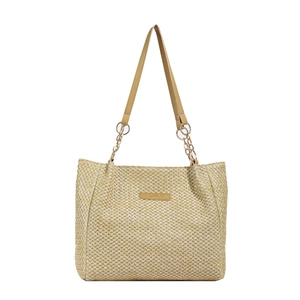Straw tote bag with brown faux leather chain strap and metallic Fashion tag detail