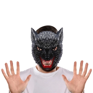 Realistisch wolf halfmasker voor Halloween met grijze vacht en scherpe witte hoektanden