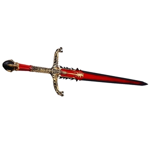 Fantasy dragon sword prop with black blade and golden dual dragon head guard sculpture
