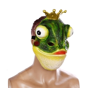 Funny green frog prince mask with golden crown and bulging eyes for cosplay party