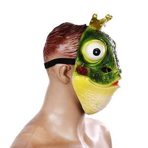Funny green frog mask with gold crown for party cosplay, realistic latex headgear