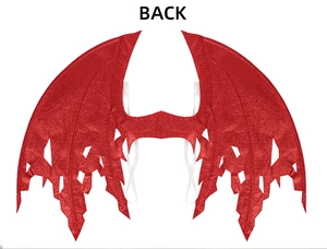 Detailansicht der Rückseite roter Glitzer-Teufelsflügel mit elastischen Trägern für Cosplay