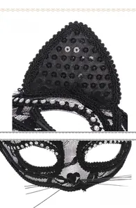 Detail of black lace cat mask featuring sequins, rhinestones and delicate cat whiskers