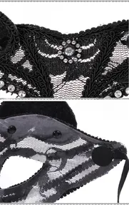 Lace masquerade mask featuring rhinestone details and a PVC inner frame for shape