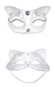 Front and back detail of white lace cat mask with silver sequins and heart-shaped gem