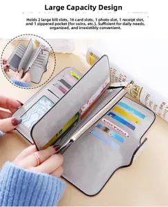 Internal layout of grey bifold wallet with 16 card slots and zipper pocket