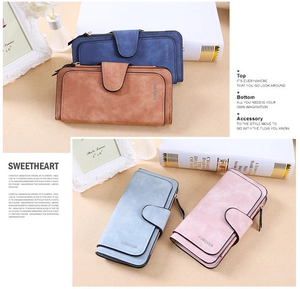 Detailed display of long matte wallets in four colors with buckle and zipper closure