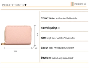 Detail view of pink PU leather wallet showing multiple card slots and dimensions 12x9x4cm