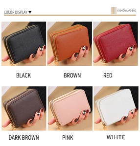 Dual zipper card wallet color options display with six shades in pebbled leather finish