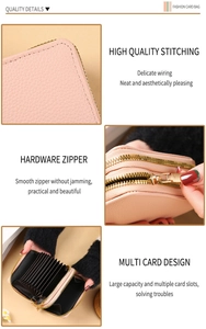 Pink lychee texture leather accordion card wallet with golden metal zipper and multi-slots