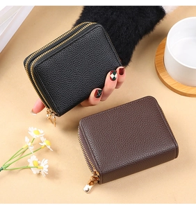 Dual-zipper accordion card wallet in black and dark brown litchi pattern PU leather