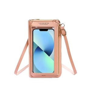 Pink touchscreen phone crossbody bag with transparent window and metal zipper
