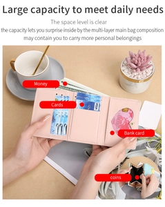 Monedero corto plegable de PU rosa con múltiples ranuras para tarjetas y bolsillo.