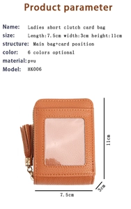 Dettaglio porta carte RFID marrone con dimensioni 7,5x3x11cm e cerniera con nappa