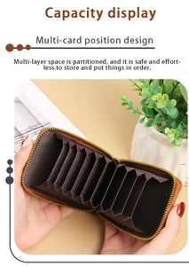 Dettaglio porta carte RFID in pelle marrone con cerniera dorata e 11 scomparti interni