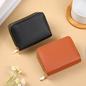 Dual-zipper accordion card holder in black and brown lychee grain PU leather wallets