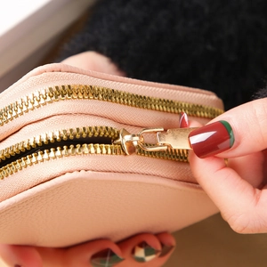 Pink lychee texture accordion wallet with dual golden zippers and large capacity