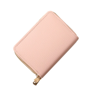 Pink lychee texture PU leather card holder with double zipper and golden hardware