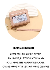 Vue détaillée du porte-cartes en cuir PU rose avec fenêtre d'identité et dragonne
