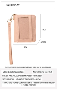 Détail du porte-cartes en cuir PU rose avec multi-emplacements et fermeture éclair