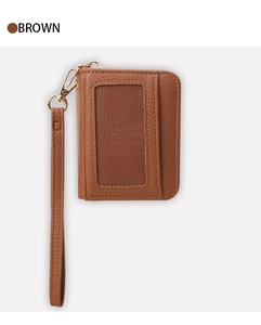 Porte-cartes en cuir marron avec fenêtre ID et détails de fermeture éclair dorée