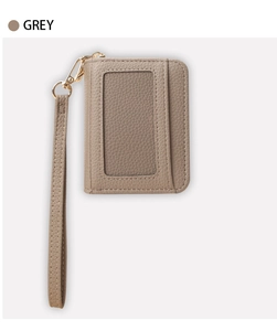 Porte-cartes gris en cuir grainé avec fenêtre d'identité et dragonne pratique