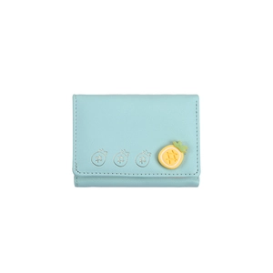 Mini cartera tricolores de cuero PU azul claro con dije de fruta lindo monedero corto.