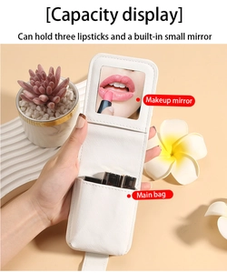 Detail view of the portable white leather lipstick case with built-in mirror and 3 slots