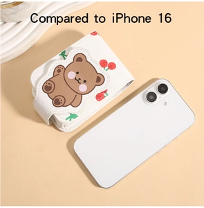 Mini white leather bear pouch size comparison with iPhone 16 for portable makeup storage