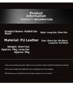 Detailed size chart for black PU leather bunny masks in long and short ear styles