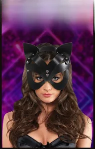 Detail of black leather cat mask with silver rivets for parties and cosplay events