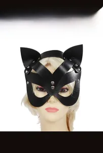 Detail of black PU leather cat ear mask featuring silver metal rivets and eye cutouts