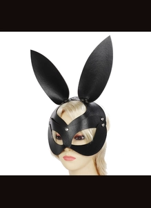 Detail of black leather bunny mask featuring matte PU texture and metal rivets for party
