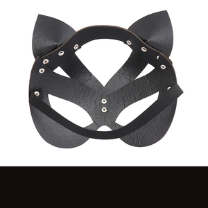 Detail of black leather cat ear mask featuring lychee texture and silver metal rivets