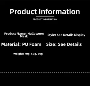 Spécifications des masques d'Halloween en mousse PU montrant les poids des produits