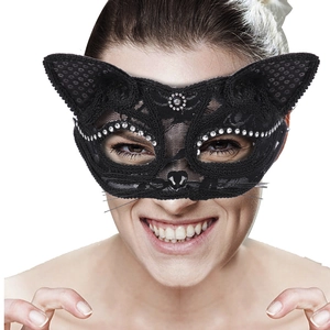 Cat Eye Lace Masquerade Mask With Rhinestone Sequin Whiskers Sexy Costume Party Props Halloween For Women