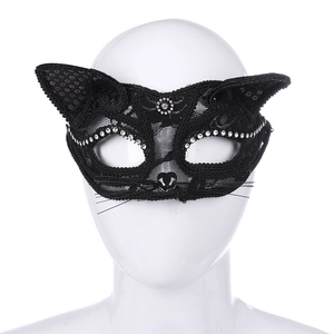 Elegant black lace cat ear mask with sequins and rhinestones for Halloween party cosplay