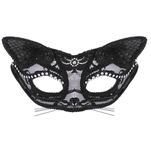 Elegant black lace cat mask for masquerade with sparkling sequins and rhinestones