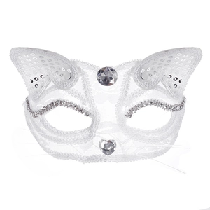 Elegant white lace cat mask with sequins and sparkling rhinestones for masquerade parties