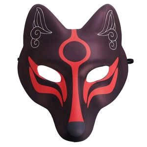 Japanese Kitsune fox mask in dark purple with red patterns and elastic strap for cosplay