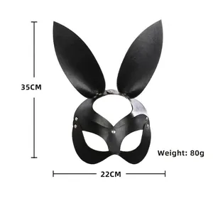 Sexy black faux leather bunny mask with long ears and metal rivets, 35x22cm for parties