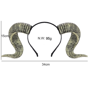 Detailed size specifications for sheep horn headband showing 34cm width and 95g weight