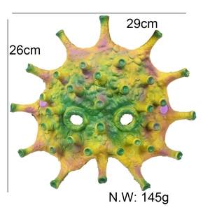 Detailed view of green virus cosplay mask showing 29cm x 26cm dimensions and 145g weight